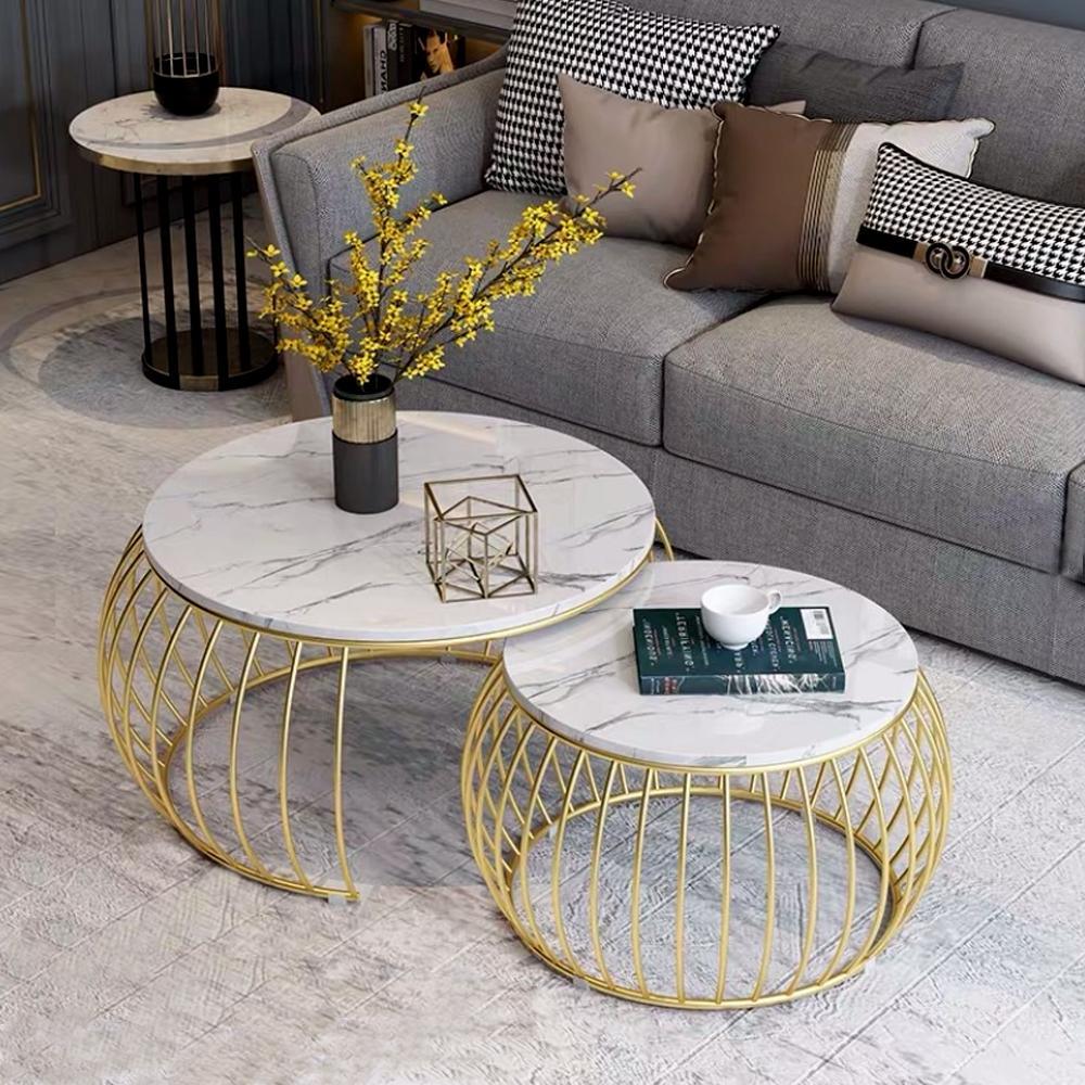 Ornate Rounded Metallic Marble Nested Coffee Table Set of 2 - All India Decor