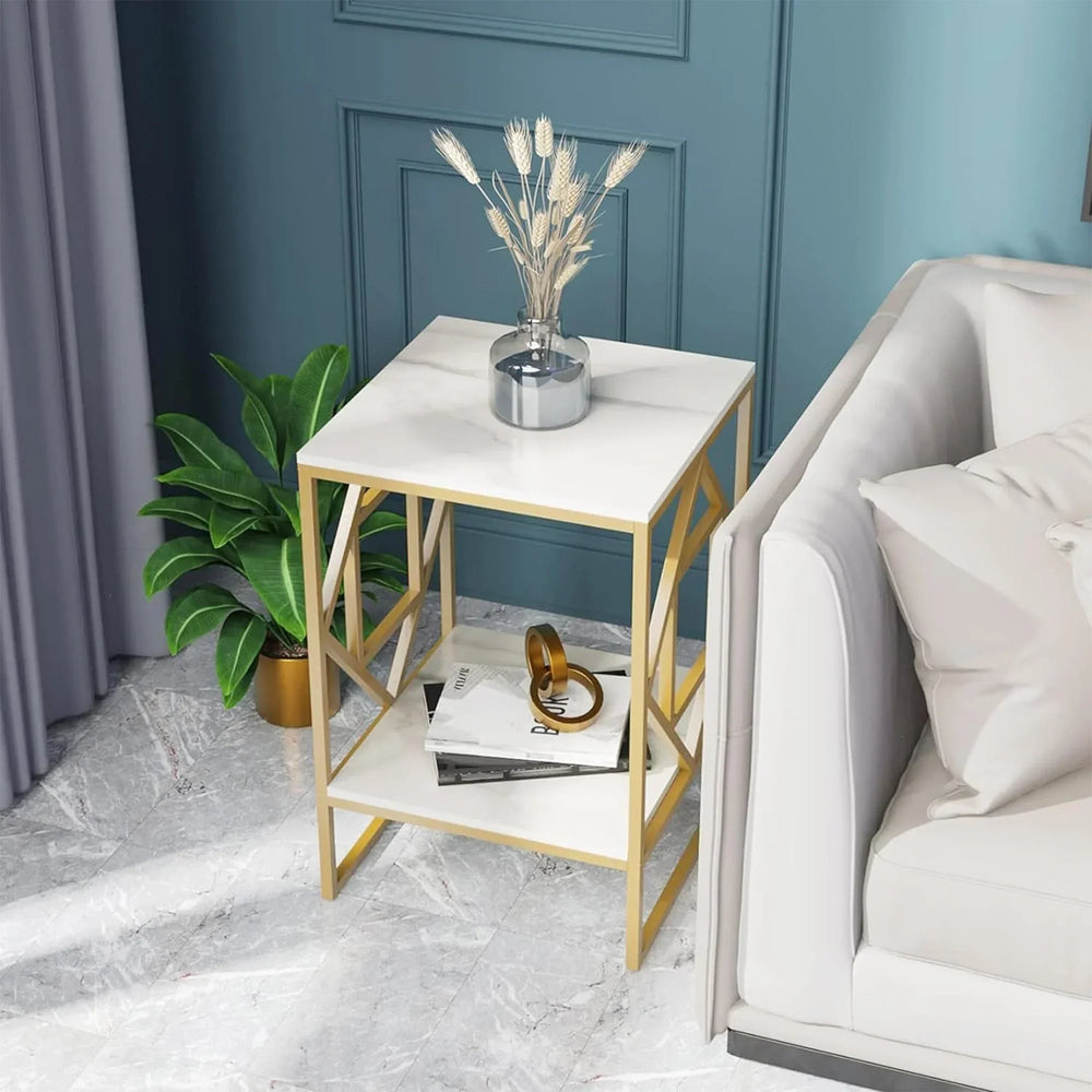 Square Geometric Rhombus Frame End Side Table with Golden Metal Finish - All India Decor