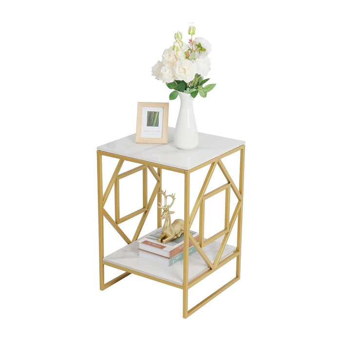 Square Geometric Rhombus Frame End Side Table with Golden Metal Finish