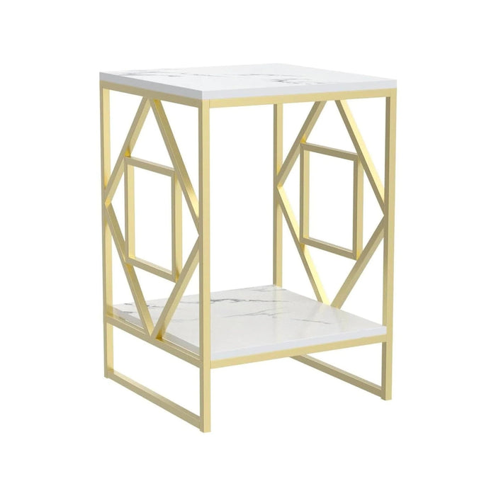 Square Geometric Rhombus Frame End Side Table with Golden Metal Finish