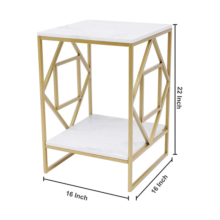 Square Geometric Rhombus Frame End Side Table with Golden Metal Finish