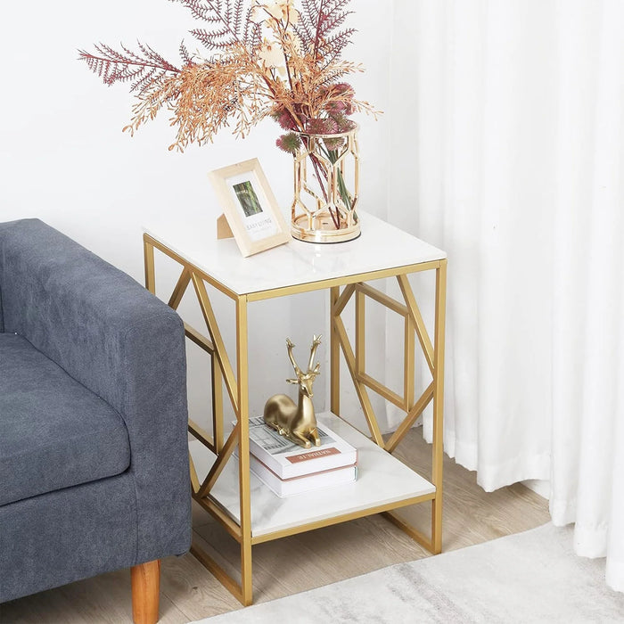 Square Geometric Rhombus Frame End Side Table with Golden Metal Finish