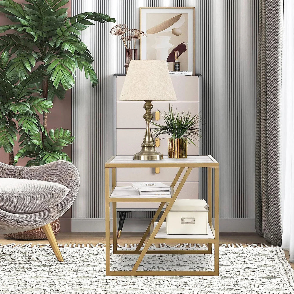 Square Shape Stylish Artistic Side Table with Golden Metal Finish - All India Decor