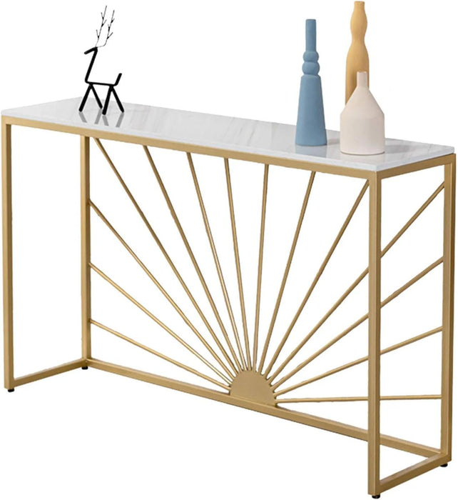 Sun Ray Pattern White Marble Golden Console Table