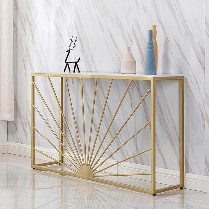 Sun Ray Pattern White Marble Golden Console Table