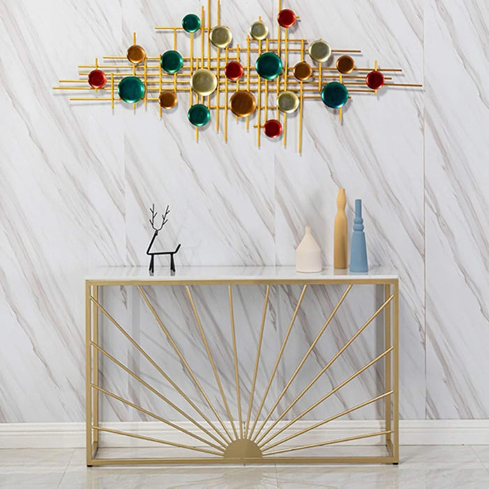 Sun Ray Pattern White Marble Golden Console Table