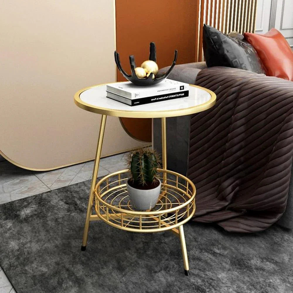 White Marble Round Shape Iron Stand Side Table - All India Decor