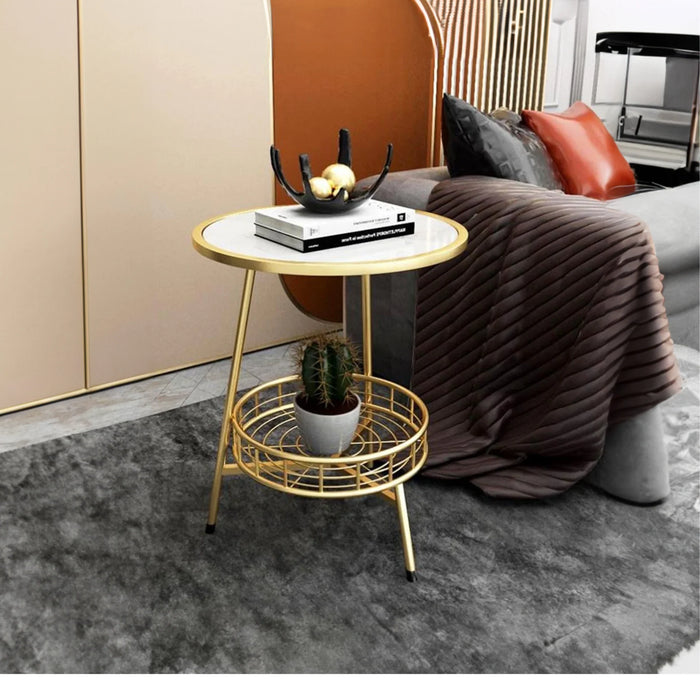 White Marble Round Shape Iron Stand Side Table