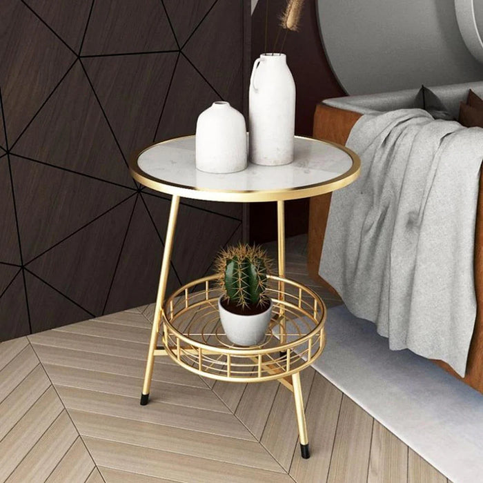 White Marble Round Shape Iron Stand Side Table