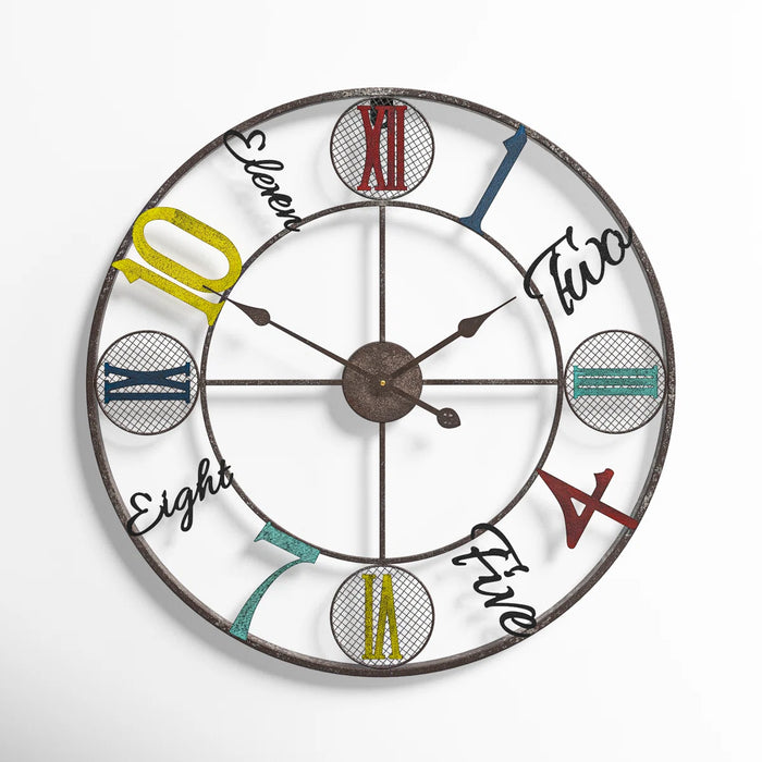 vintage wall clock with colorful numbers on a white background