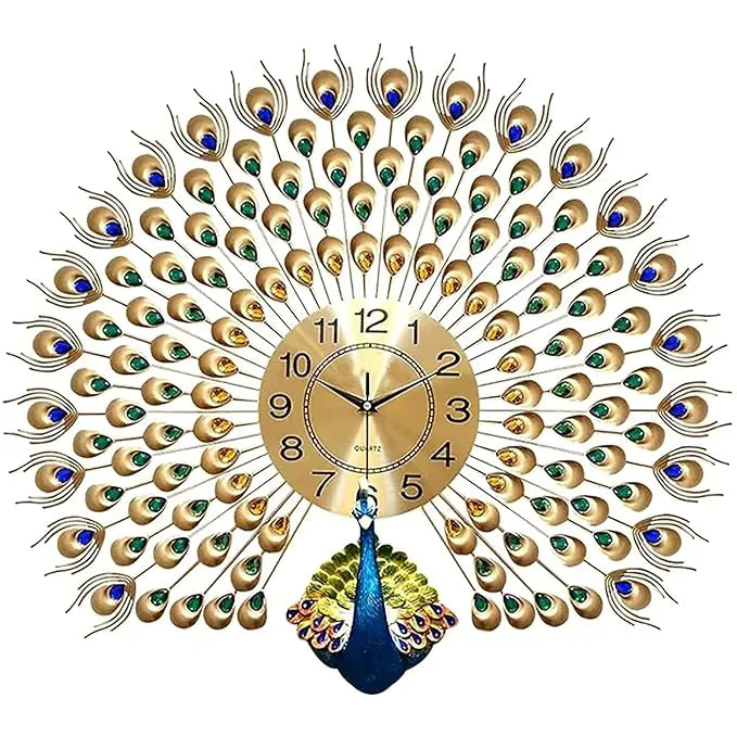 vintage peacock wall clock front view on white background