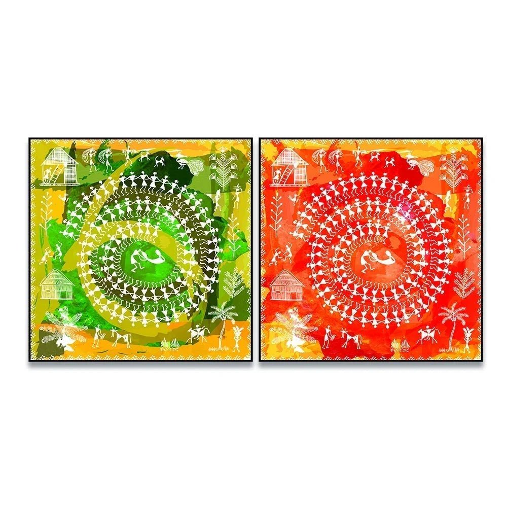 Sinuous Trailed Fluorescent Warli Art Wall Frames - Set Of 2 - All India Decor