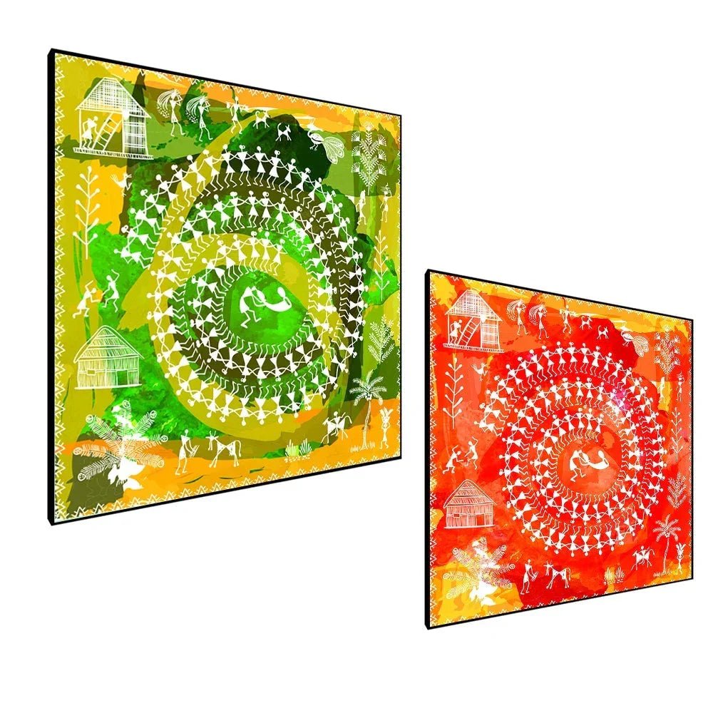 Sinuous Trailed Fluorescent Warli Art Wall Frames - Set Of 2 - All India Decor