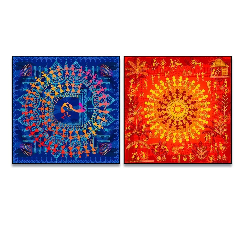 Sinuous Trailed Vibrant Warli Art Wall Frames - Set Of 2 - All India Decor