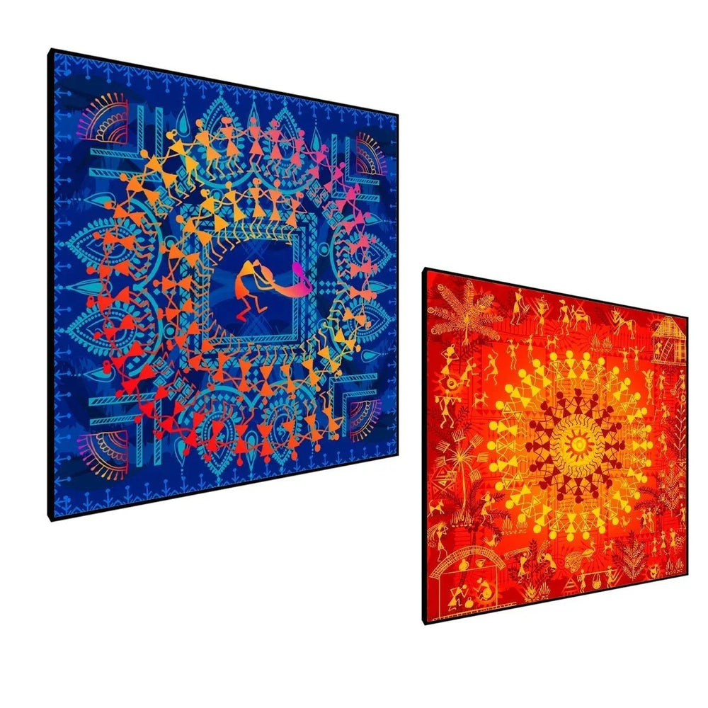 Sinuous Trailed Vibrant Warli Art Wall Frames - Set Of 2 - All India Decor