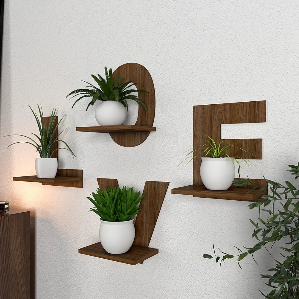 Love Text Alphabet Dark Walnut Planter Shelves Set Of 4 - All India Decor