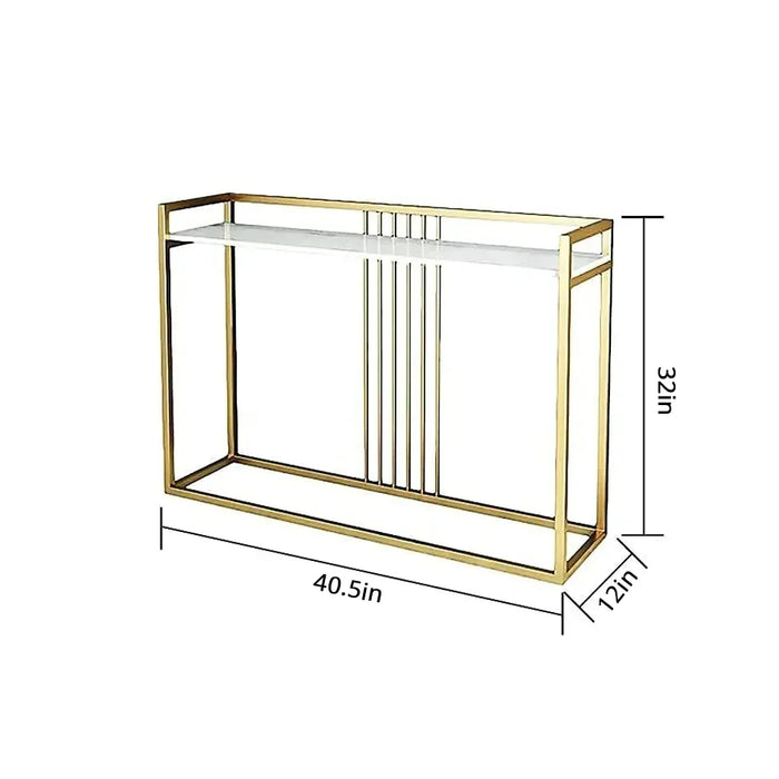 white and Gold console table with dimensions on a white background