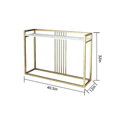 white and Gold console table with dimensions on a white background