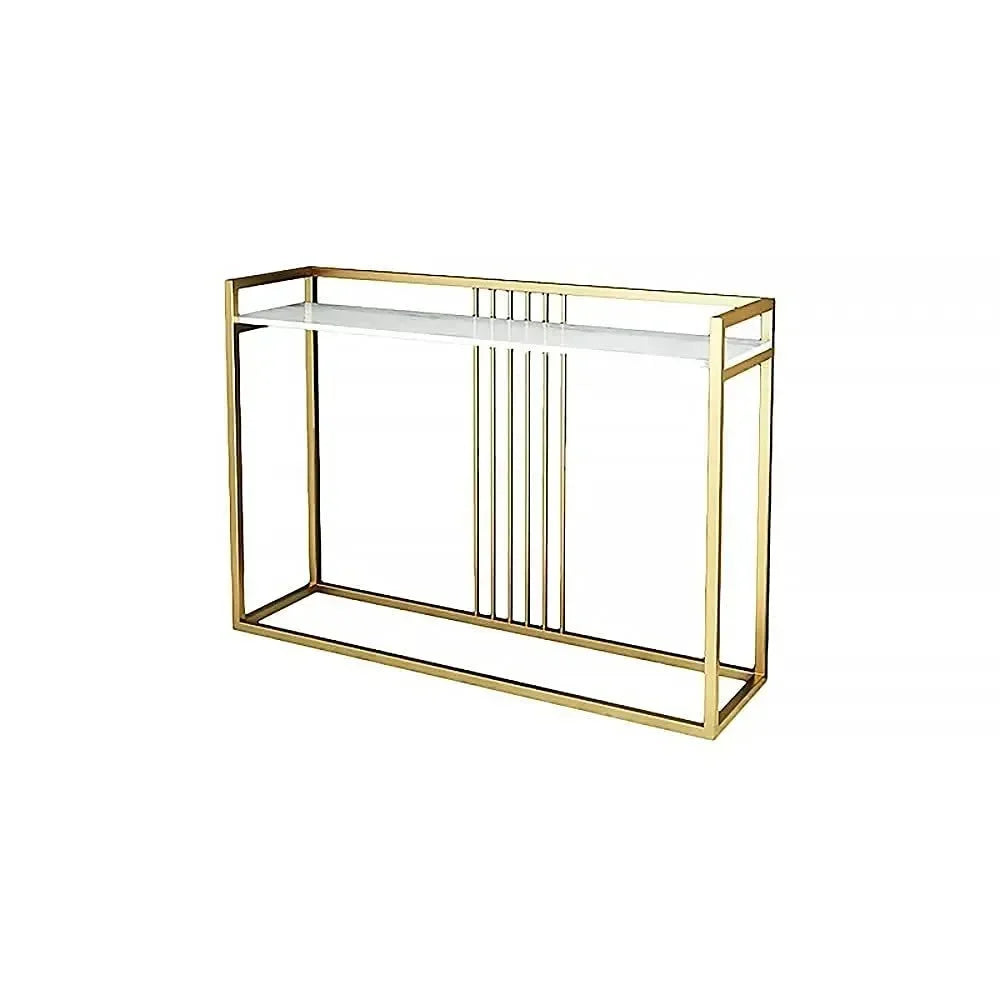 Gold-framed console table with white shelf on a white background