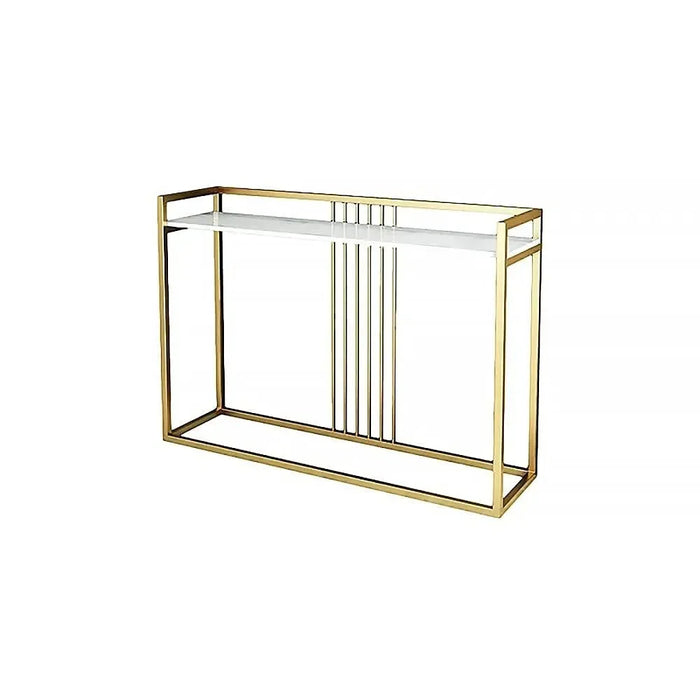 Gold-framed console table with white shelf on a white background