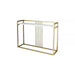 Gold-framed console table with white shelf on a white background