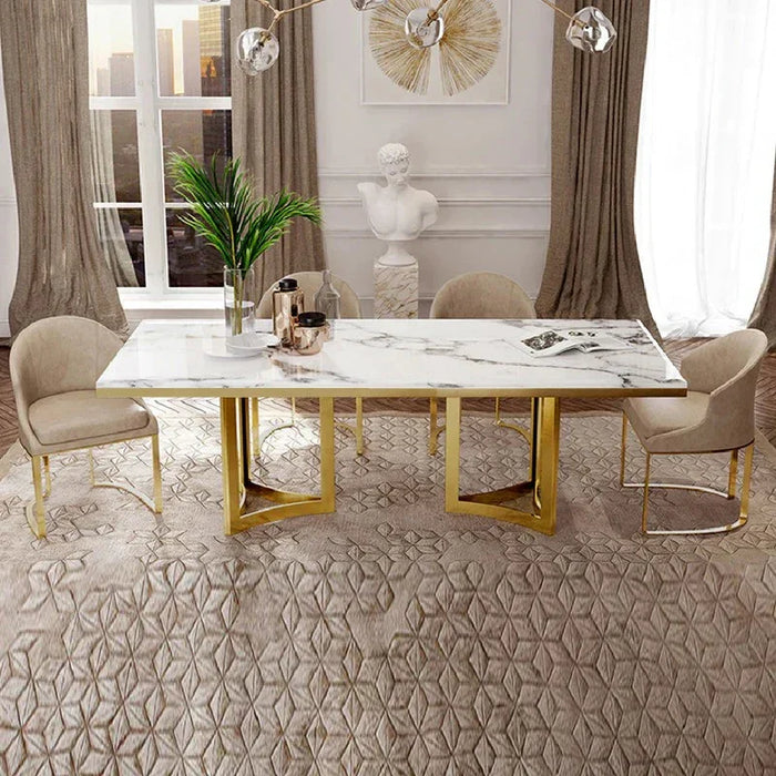 white and gold dining table with chairs