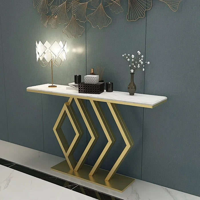 white marble console table geometric design