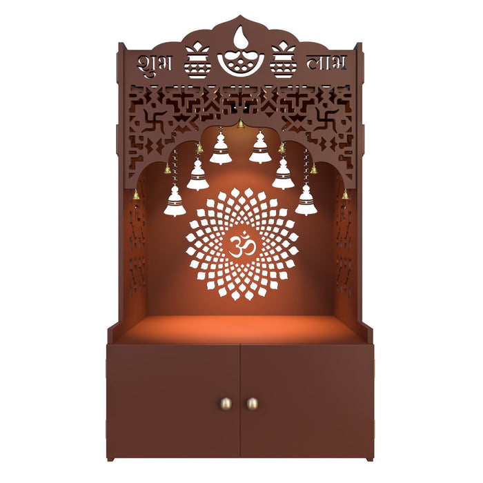 Divine Wooden Floor Temple with Spacious Shelf & Inbuilt Focus Light- Brown