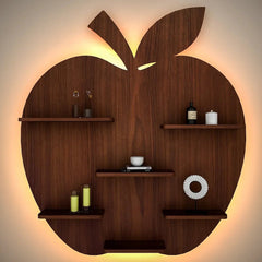 Apple Shape Backlit Wood Wall Shelf / Book Shelf / Night Light, Walnut Finish - All India Decor