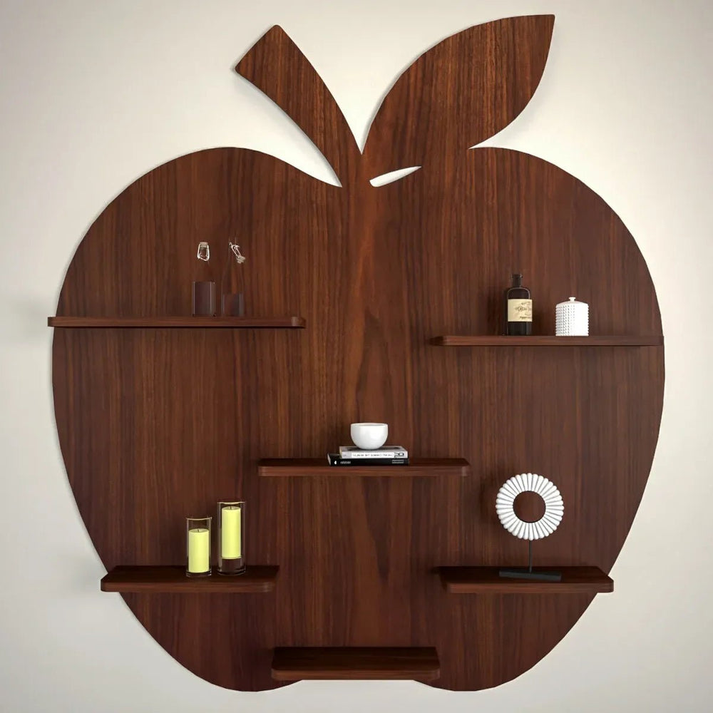 Apple Shape Backlit Wood Wall Shelf / Book Shelf / Night Light, Walnut Finish - All India Decor