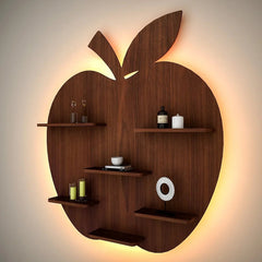 Apple Shape Backlit Wood Wall Shelf / Book Shelf / Night Light, Walnut Finish - All India Decor