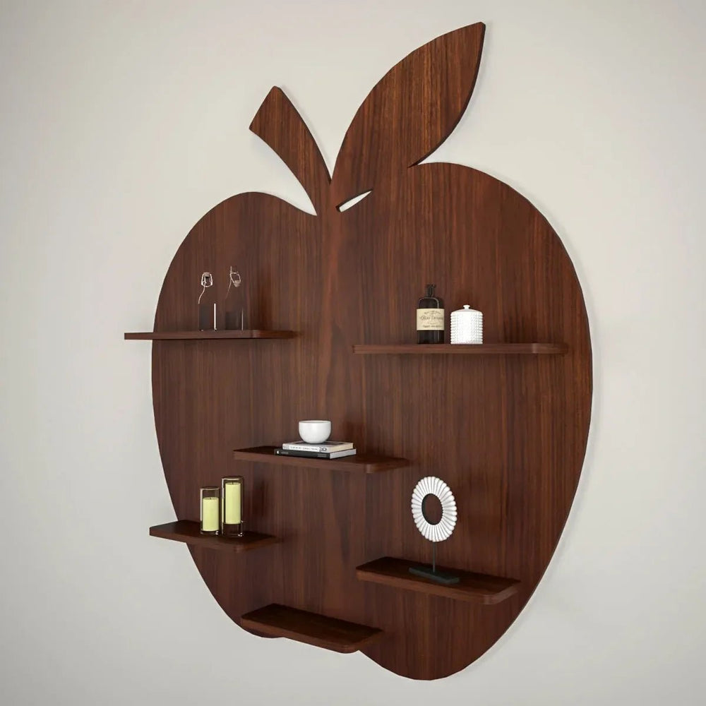 Apple Shape Backlit Wood Wall Shelf / Book Shelf / Night Light, Walnut Finish - All India Decor