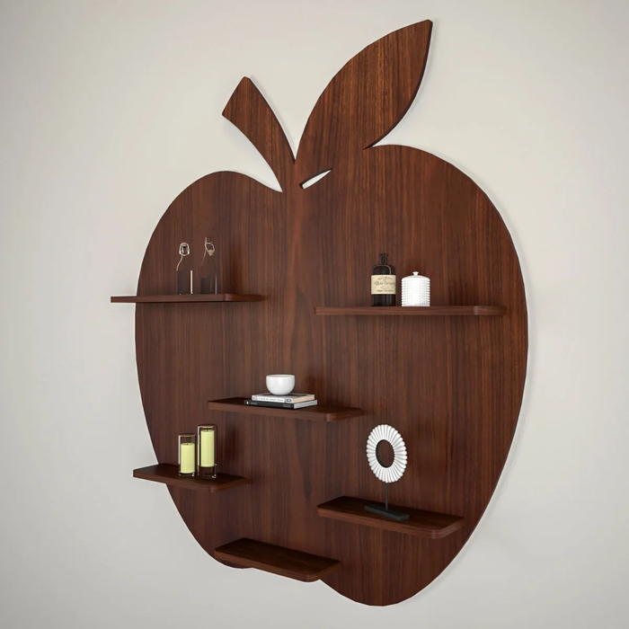 Apple Shape Backlit Wood Wall Shelf / Book Shelf / Night Light, Walnut Finish