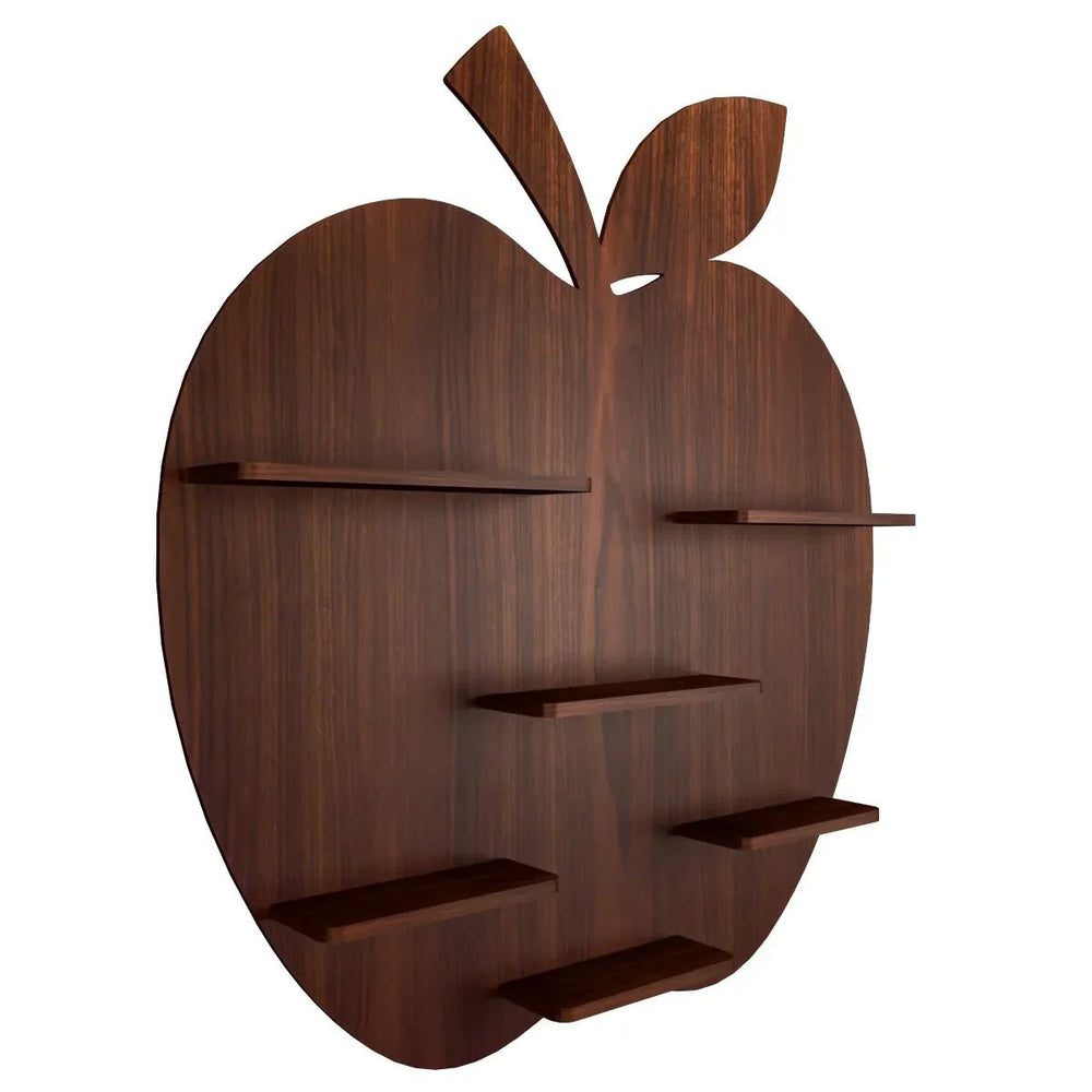 Apple Shape Backlit Wood Wall Shelf / Book Shelf / Night Light, Walnut Finish - All India Decor
