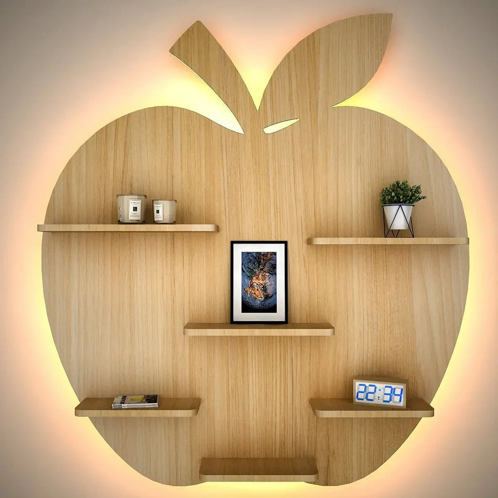 Apple Shape Backlit Wood Wall Shelf / Book Shelf / Night Light, Light Oak Finish - All India Decor