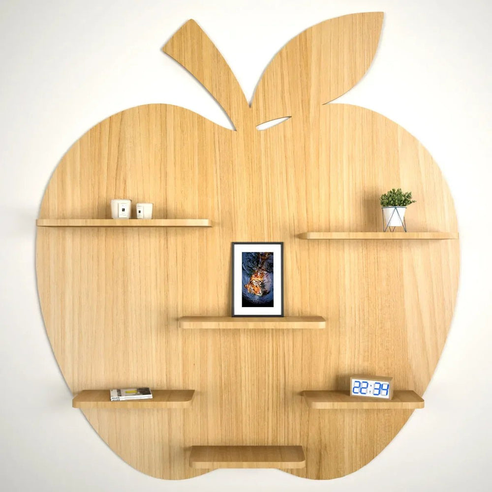 Apple Shape Backlit Wood Wall Shelf / Book Shelf / Night Light, Light Oak Finish - All India Decor