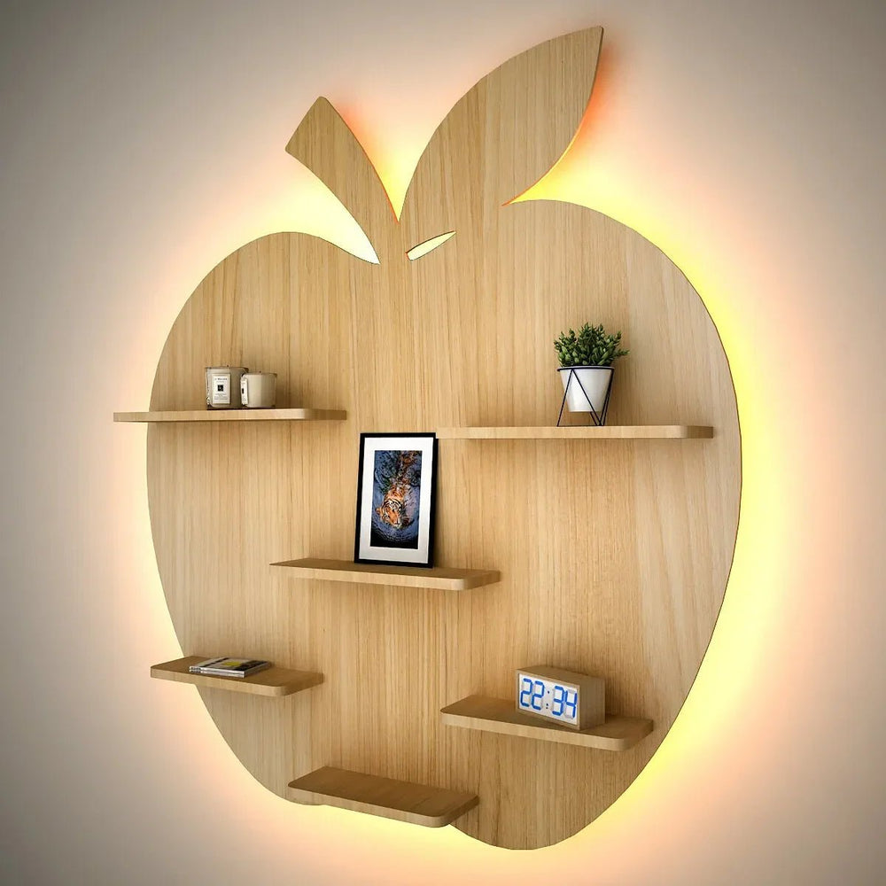 Apple Shape Backlit Wood Wall Shelf / Book Shelf / Night Light, Light Oak Finish - All India Decor