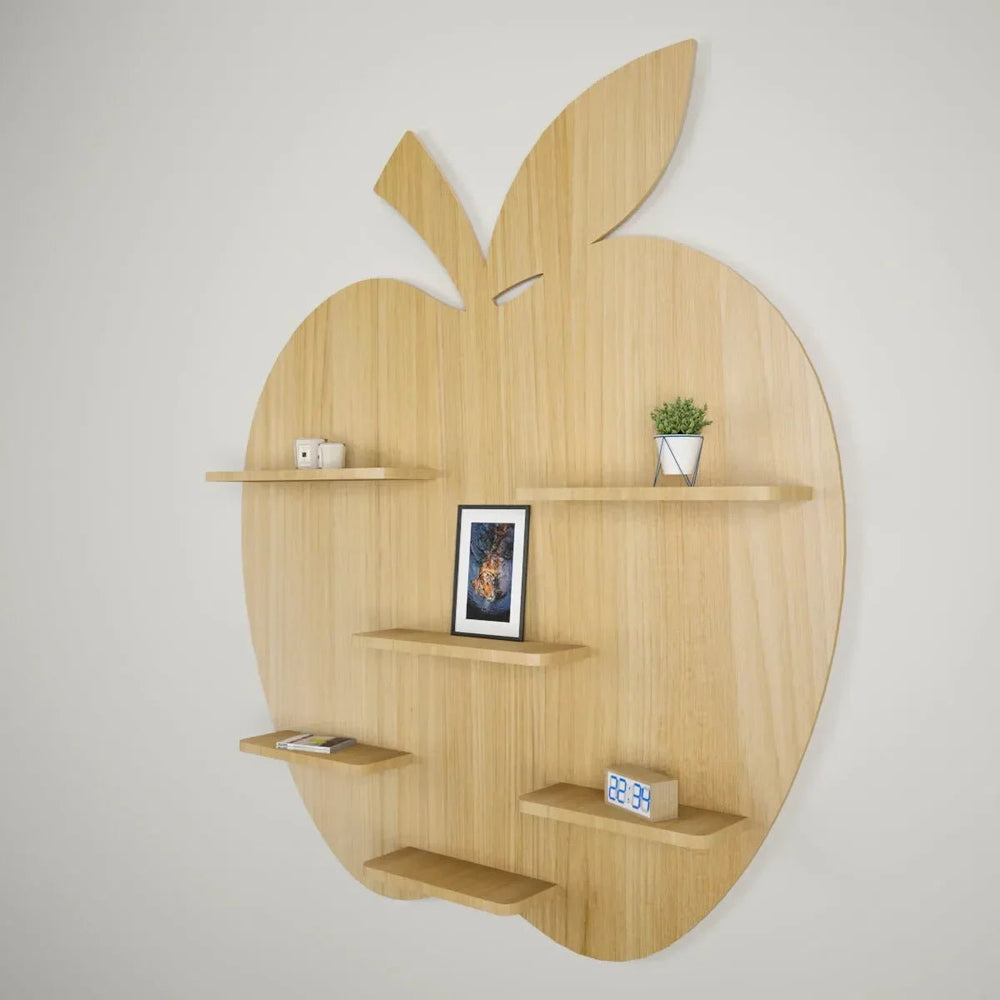 Apple Shape Backlit Wood Wall Shelf / Book Shelf / Night Light, Light Oak Finish - All India Decor