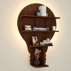 Bulb Shape Backlit Wood Wall Shelf / Book Shelf / Night Light, Walnut Finish - All India Decor