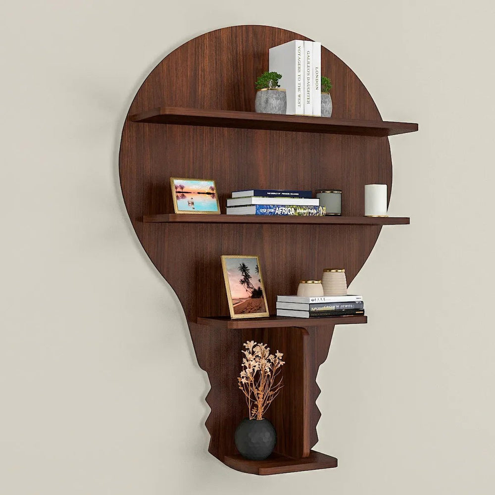 Bulb Shape Backlit Wood Wall Shelf / Book Shelf / Night Light, Walnut Finish - All India Decor