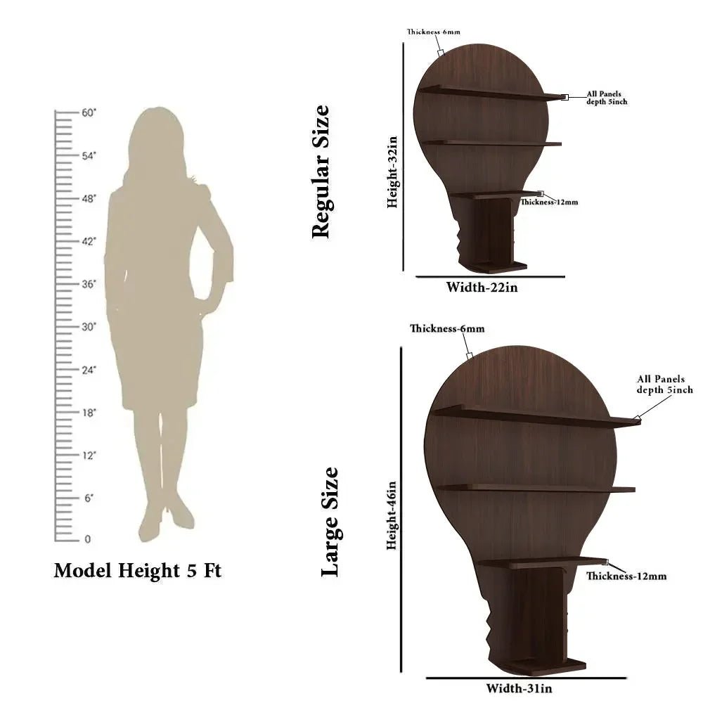 Bulb Shape Backlit Wood Wall Shelf / Book Shelf / Night Light, Walnut Finish - All India Decor