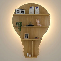Bulb Shape Backlit Wood Wall Shelf / Book Shelf / Night Light, Light Oak Finish - All India Decor