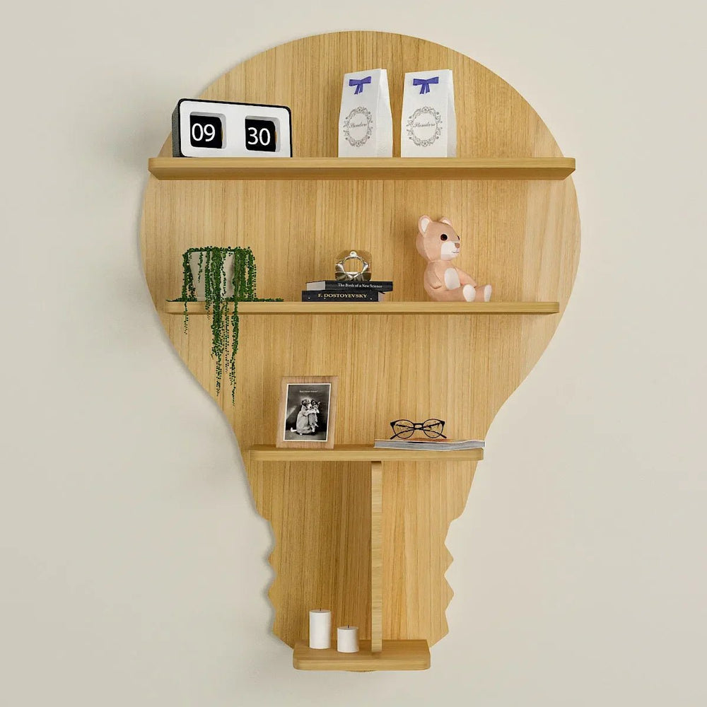 Bulb Shape Backlit Wood Wall Shelf / Book Shelf / Night Light, Light Oak Finish - All India Decor