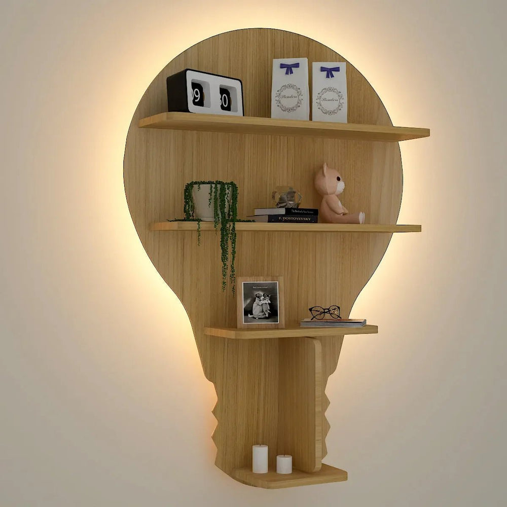 Bulb Shape Backlit Wood Wall Shelf / Book Shelf / Night Light, Light Oak Finish - All India Decor