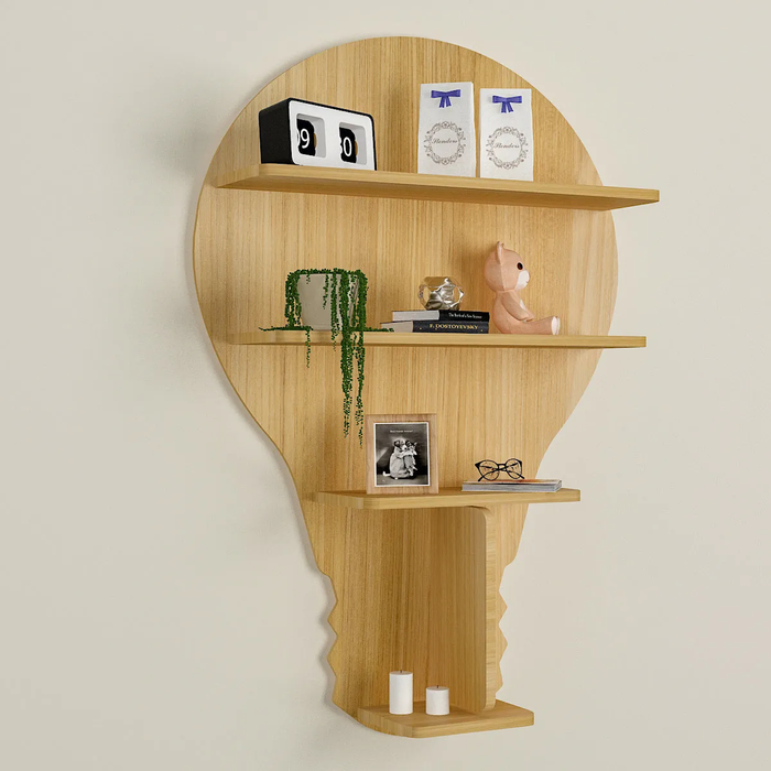 Bulb Shape Backlit Wood Wall Shelf / Book Shelf / Night Light, Light Oak Finish