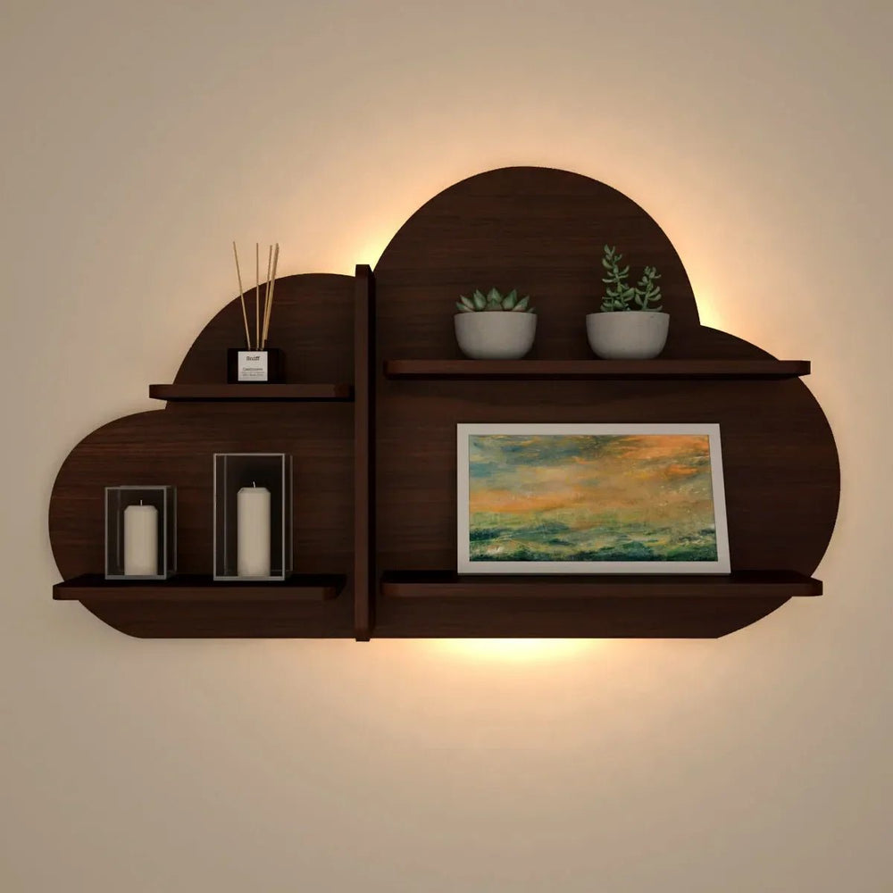 Cloud Shape Backlit Wood Wall Shelf / Book Shelf / Night Light, Walnut Finish - All India Decor