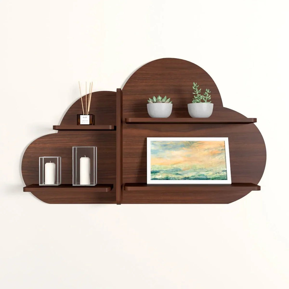Cloud Shape Backlit Wood Wall Shelf / Book Shelf / Night Light, Walnut Finish - All India Decor