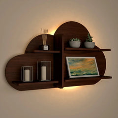 Cloud Shape Backlit Wood Wall Shelf / Book Shelf / Night Light, Walnut Finish - All India Decor
