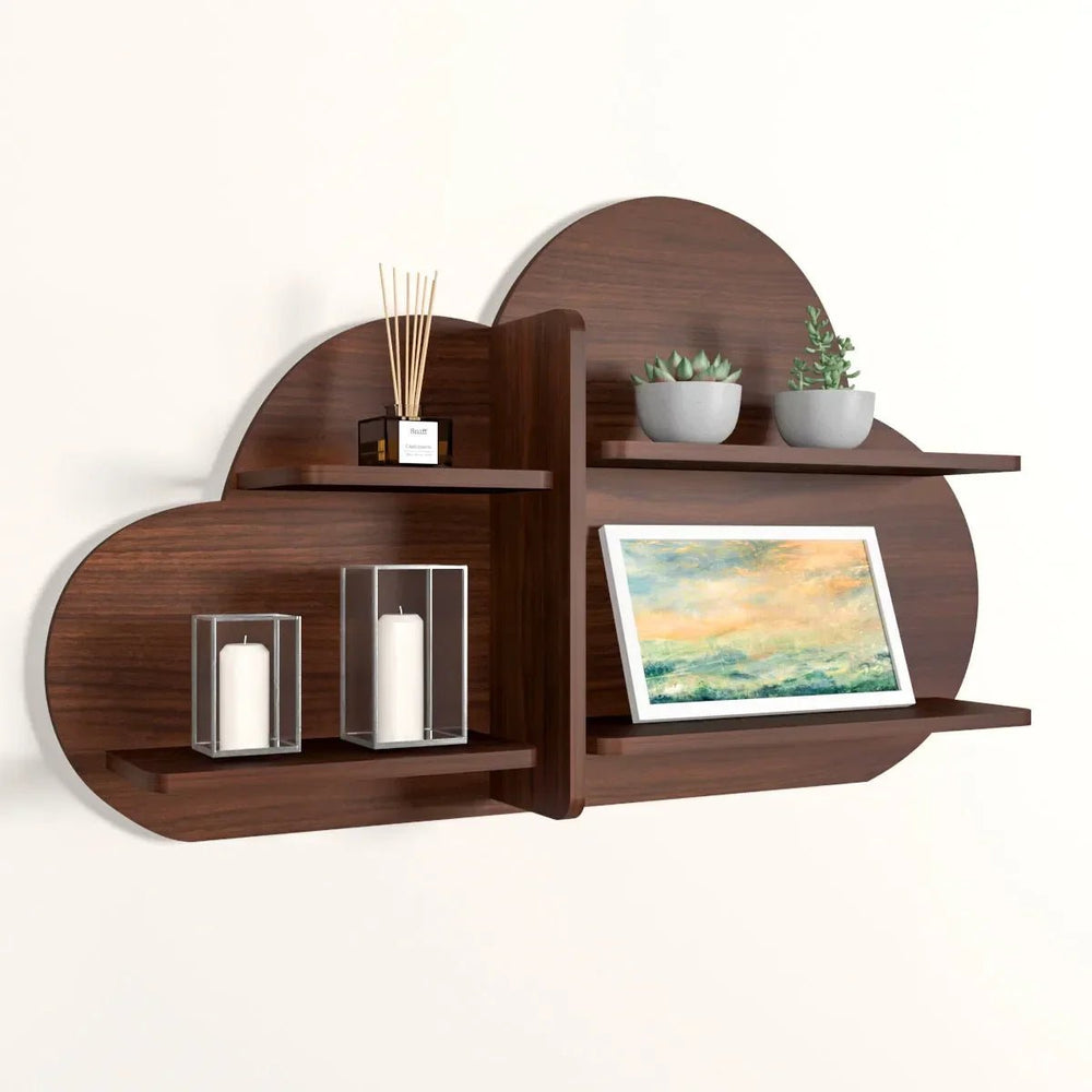 Cloud Shape Backlit Wood Wall Shelf / Book Shelf / Night Light, Walnut Finish - All India Decor