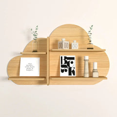 Cloud Shape Backlit Wood Wall Shelf / Book Shelf / Night Light, Light Oak Finish - All India Decor